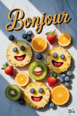 «Bonjour» écrit en lettres dorées au-dessus de fruits souriants : ananas, kiwi, oranges, fraises et myrtilles sur fond marbré. Composition colorée et joyeuse.
