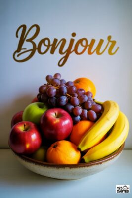 Bol de fruits frais : pommes rouges, vertes, oranges, raisins violets, bananes jaunes. Mot «Bonjour» doré sur fond clair. Composition nature morte.