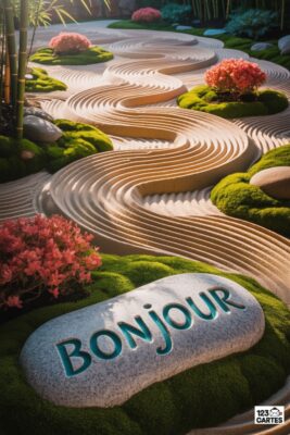 Jardin zen avec gravier ondulé, mousses vertes, arbustes roses et bambous. Pierre gravée «Bonjour». Paysage paisible, tons naturels et doux.