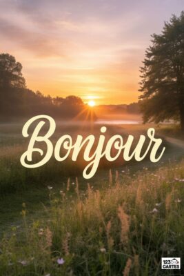 Lever de soleil sur un champ avec le mot «Bonjour» en lettres cursives. Ciel orangé, soleil éclatant, herbes hautes et arbres. Paysage matinal.