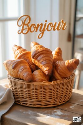 Panier en osier rempli de croissants dorés. Le mot «Bonjour» en lettres dorées surplombe le tout. Table en bois clair, lumière naturelle.