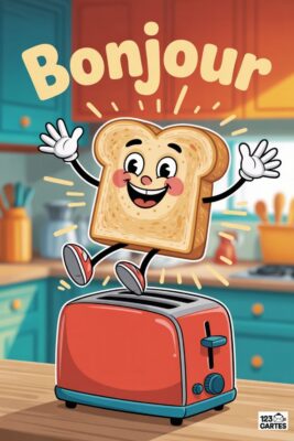 Une tranche de pain de mie souriante saute d’un grille-pain rouge. Le mot «Bonjour» en jaune au-dessus. Cuisine colorée en arrière-plan.
