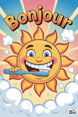 Soleil souriant brossant ses dents avec une brosse à dents bleue, mot «Bonjour» en haut. Fond bleu et rose avec rayons de soleil, nuages blancs.