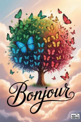 Arbre aux feuilles multicolores peuplé de papillons. Le mot «Bonjour» en cursive noire se détache sur un ciel nuageux.
