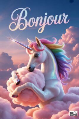 Unicorn with rainbow mane and horn, holding a pink cloud, surrounded by clouds. The word «Bonjour» is written in cursive. Pastel colors.