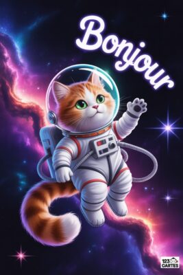 Chat roux et blanc en combinaison d’astronaute dans l’espace. Le mot «Bonjour» en blanc. Fond étoilé avec nébuleuses roses, violettes et bleues.