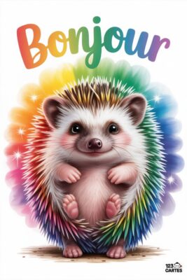 Écureuil souriant avec épines arc-en-ciel, mot «Bonjour» coloré. Fond blanc, touches de paillettes. Carte postale joyeuse et enfantine.