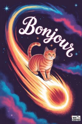 Carte postale «Bonjour» : chat roux sur une comète flamboyante, fond violet étoilé. Texte blanc «Bonjour». Style rétro-futuriste, couleurs vives.