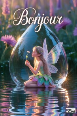 Fée agenouillée dans l’eau, tenant une fleur, devant une bulle géante. Texte «Bonjour». Arrière-plan floral flou, tons pastel, reflets irisés.