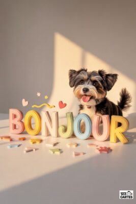 Chien noir et blanc souriant avec la langue tirée devant le mot «Bonjour» coloré. Éléments décoratifs : coeurs, étoiles et formes. Fond clair.
