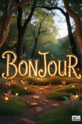 «Bonjour» lumineux dans une forêt verdoyante. Lettres dorées bordées de lumière, petites feuilles. Chemin de feuilles mortes menant au texte. Arbres en arrière-plan flou.