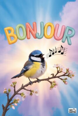 Bonjour. Un petit oiseau bleu et jaune chante sur une branche fleurie. Le mot «Bonjour» en lettres colorées surplombe la scène, sur fond de ciel clair.