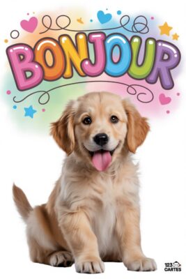 Chiot Golden Retriever souriant avec le mot «Bonjour» coloré. Fond pastel avec coeurs, étoiles et spirales. Carte postale joyeuse et enfantine.
