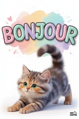 Chaton tigré avec yeux verts et mot «Bonjour» coloré sur fond pastel. Carte postale avec chat mignon.