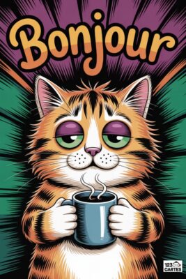 Chat tigré avec yeux verts et paupières violettes, tenant une tasse de café fumante. Le mot «Bonjour» en lettres orange sur fond violet et vert.