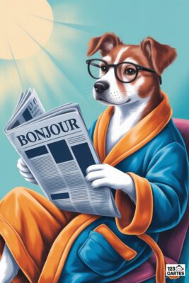 Chien Jack Russell portant des lunettes et un peignoir bleu et orange, lisant le journal «Bonjour». Fond bleu clair, soleil. Illustration humoristique.