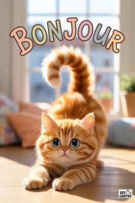 Chat roux mignon avec grands yeux bleus, s’étirant. Le mot «Bonjour» en lettres colorées au-dessus. Fond clair avec fenêtre et coussins.