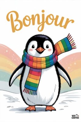 Pingouin souriant avec écharpe arc-en-ciel, devant un fond pastel. Le mot «Bonjour» en lettres dorées surplombe la scène enneigée.