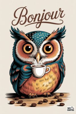 Chouette colorée tenant une tasse de café, mot «Bonjour» en haut. Grains de café au premier plan. Couleurs : bleu, orange, marron, beige.