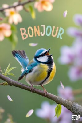Un oiseau bleu et jaune chante sur une branche, mot «Bonjour» coloré. Fleurs roses et violettes en arrière-plan, pétales tombent. Printemps, nature.