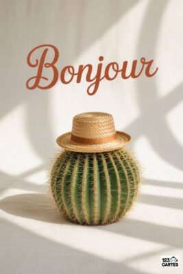 Cactus rond vert coiffé d’un chapeau de paille, sur fond blanc avec l’inscription «Bonjour» en lettres marron. Ombre portée.