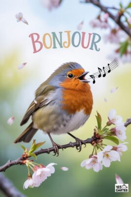 Rouge-gorge chantant perché sur une branche fleurie. Le texte «Bonjour» en couleurs pastel surplombe l’oiseau. Des notes de musique noires flottent. Fleurs roses.