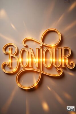 «Bonjour» en lettres dorées 3D sur fond beige. Effets de lumière dorée émanant du texte, créant des reflets. Style élégant et chaleureux, idéal pour une carte de vœux.