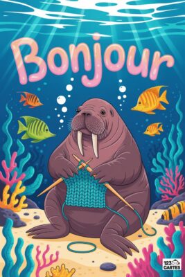 Un morse rose tricotant sous l’eau, entouré de poissons colorés. Le mot «Bonjour» en rose au-dessus. Fond bleu avec coraux et algues.