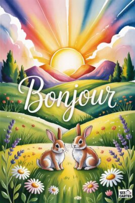 Deux lapins bruns sur un champ fleuri, avec le mot «Bonjour». Arrière-plan : lever de soleil coloré sur collines verdoyantes et montagnes.