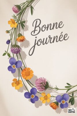 Carte «Bonne journée» avec guirlande florale. Fleurs jaunes, oranges, violettes et roses forment un arc de cercle. Texte manuscrit «Bonne journée». Fond beige clair.