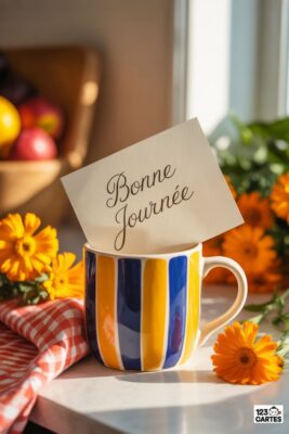 Tasse à rayures jaunes et bleues avec carte «Bonne journée». Fleurs oranges, torchon à carreaux rouges, fruits et lumière naturelle créent une scène chaleureuse.