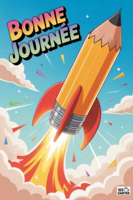 Fusée crayon jaune et rouge décollant dans le ciel bleu. Texte «Bonne journée» coloré. Fumée et flammes orange. Nuages blancs et confettis.