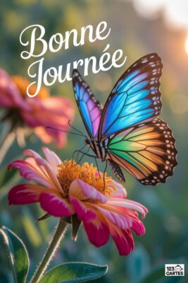 Papillon aux ailes multicolores posé sur une fleur rose et jaune. Texte «Bonne journée» en blanc. Fond vert flou avec lumière dorée.