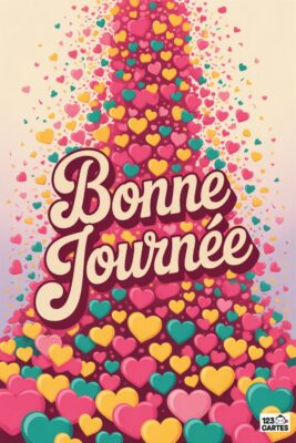 Carte «Bonne journée» avec cœurs roses, jaunes et verts. Texte blanc «Bonne journée» sur fond dégradé. Cœurs en cascade, confettis.
