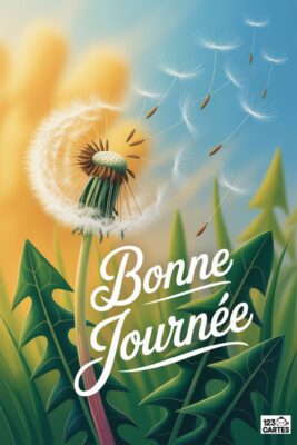 Carte «Bonne journée» avec pissenlit. Fleurs blanches et graines s’envolant sur fond bleu et jaune. Feuilles vertes, texte blanc calligraphié.