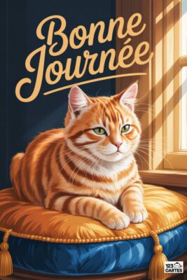 Chat roux tigré reposant sur coussin doré et bleu, devant fenêtre. Texte «Bonne journée» en lettres dorées. Lumière douce, chaleureuse.
