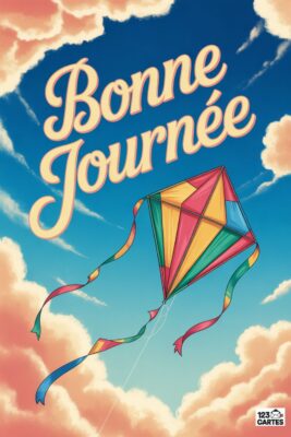Carte «Bonne journée» avec cerf-volant coloré dans ciel bleu nuageux. Texte «Bonne journée» en lettres cursives beiges. Cerf-volant aux couleurs vives.