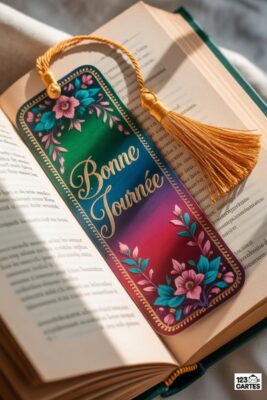 Marque-page «Bonne journée» orné de fleurs, posé sur un livre ouvert. Dégradé vert, bleu, rose et rouge. Pompon doré. Texte doré. Feuilles turquoise.