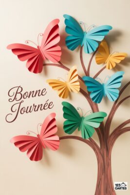 Papillons en papier multicolores (rose, bleu, jaune, vert) sur un arbre brun clair, avec l’inscription «Bonne journée». Fond beige clair.