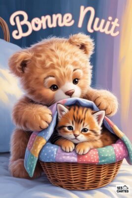 Ours en peluche et chaton tigré dans un panier. Couverture patchwork. Texte «Bonne nuit» en blanc. Fond bleu nuit. Style enfantin et doux.