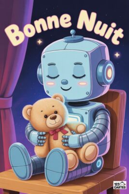 Robot bleu souriant, assis sur une chaise en bois, tenant un ours en peluche. Fond de nuit étoilée avec texte «Bonne nuit».