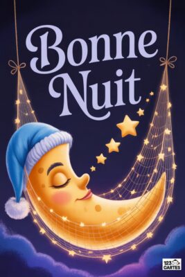 «Bonne nuit» écrit en blanc sur fond bleu nuit. Lune endormie en croissant, bonnet bleu, dans un hamac étoilé. Étoiles dorées et nuages violets.