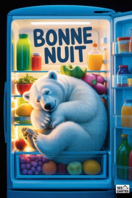 Ours polaire endormi dans un réfrigérateur ouvert, entouré de fruits et légumes. Inscription «Bonne nuit» en bleu. Couleurs froides, éclairage intérieur.