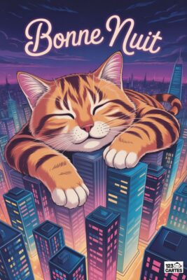 Un chat tigré endormi sur des gratte-ciels. Ciel nocturne violet. Texte «Bonne nuit». Couleurs chaudes et froides se mélangent. Ville illuminée.