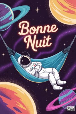 Astronaute détendu dans un hamac bleu, flottant dans l’espace. Planètes colorées, étoiles scintillantes et texte «Bonne nuit» en lettres blanches. Fond violet.