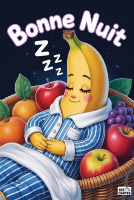 Banane endormie en pyjama bleu et blanc, entourée de fruits dans un panier en osier. Texte «Bonne nuit» et «zzz» sur fond étoilé.