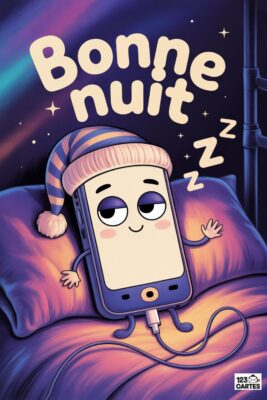 Smartphone endormi portant un bonnet de nuit rayé, sur un lit douillet. Le texte «Bonne nuit» surplombe la scène, étoiles et «z« flottent. Couleurs : bleu, rose, violet.