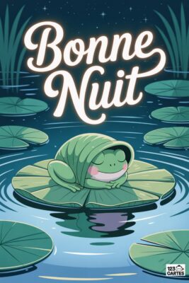 «Bonne nuit» écrit en blanc sur un fond bleu nuit. Un crapaud vert endormi sur une feuille de nénuphar, entouré d’autres feuilles et de roseaux.