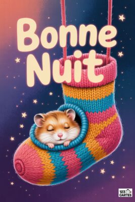 Carte «Bonne nuit» avec un hamster endormi dans une chaussette tricotée rose, bleu et jaune, suspendue dans un ciel étoilé. Texte «Bonne nuit».