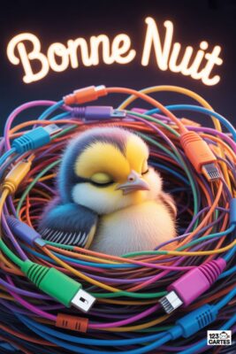 Un petit oiseau endormi lové dans un nid de câbles colorés. Le texte «Bonne nuit» en néon surplombe la scène, sur fond sombre.